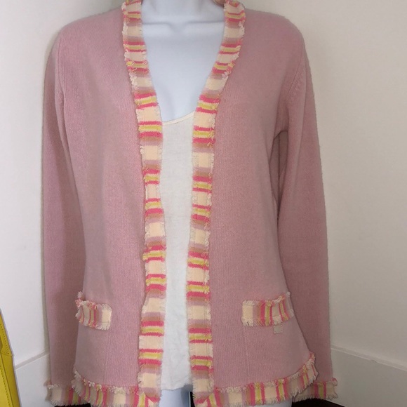 CHANEL Pink Cashmere Cardigan w pastel fringe 40